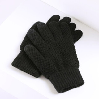 罗蒙 秋冬季户外防寒毛线手套男女款五指加厚针织保暖分指触屏手套 黑色