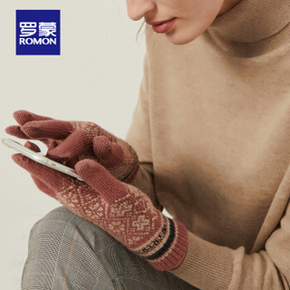 罗蒙 秋冬季毛线手套女款户外防寒加厚针织保暖五指分指触屏手套 粉色