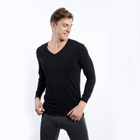 京东京造 男士V领薄款长袖内衣 发热纤维修身T恤 黑色 XL码