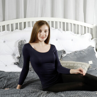 商品京东京造 女士薄款圆领九分袖内衣 发热纤维打底衫性感修身t恤 藏