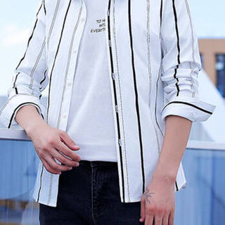 猫人（MiiOW）衬衫 男士休闲时尚潮流条纹百搭青年长袖衬衫C212-607白色L