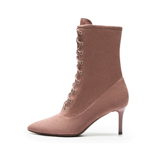 le saunda 莱尔斯丹 时尚优雅尖头系带侧拉链高跟女马丁靴LS 9T67002 深粉色 37