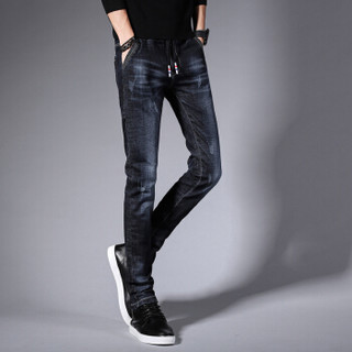 猫人（MiiOW）牛仔裤 男士时尚潮流系带纯色弹力牛仔长裤子A329-360深蓝色31