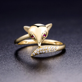 鸣钻国际 狐狸 黄18k金钻戒女 钻石戒指结婚求婚女戒 情侣对戒女款