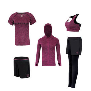 丽乔 2019春季新款T恤女瑜伽服五件套运动休闲套装跑步衣服健身衣 HC0716-13TZV 紫红五件套 M