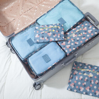 秉优 旅行收纳袋6件套 防水衣物衣服旅游行李箱内衣收纳包整理袋套装 蓝色花朵