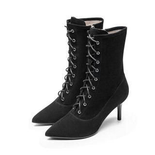 le saunda 莱尔斯丹 时尚优雅尖头系带侧拉链高跟女马丁靴LS 9T67002 黑色 39