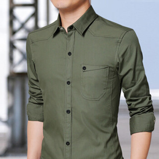 猫人（MiiOW）长袖衬衫 男士商务休闲潮流纯色百搭长袖衬衣A180-8006军绿色L