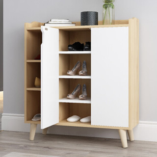 普拉塔（PULATA）鞋柜现代简约实木腿多层收纳柜子玄关简易对开门木质鞋架仿实木+白PLT9006105（可放40码）