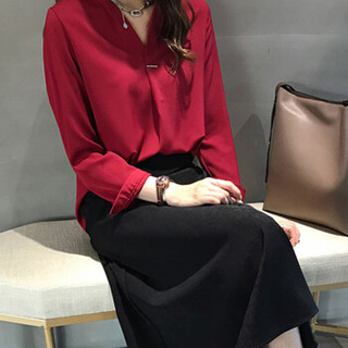 朗悦女装 2019春季新款纯色雪纺长袖衬衫女韩版气质V领衬衣LWCC191212 红色 L