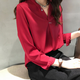 朗悦女装 2019春季新款纯色雪纺长袖衬衫女韩版气质V领衬衣LWCC191212 红色 S