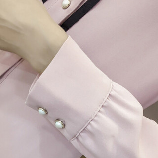 朗悦女装 2019春季新款长袖衬衫女学生韩版蝴蝶结系带纯色衬衣打底衫LWCC191225 粉色 XL