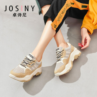 Josiny 卓诗尼 女时尚中跟圆头深口运动系带反绒增高网面跑鞋J192D921J181 驼色 37