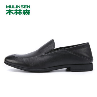 MULINSEN 木林森 韩版时尚简约头层软牛皮轻质套脚商务办公休闲皮鞋男 SS97123 黑色 43码