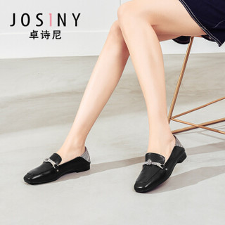 Josiny 卓诗 女低跟方头中口英伦格纹纯色休闲套脚单鞋J112D913J621 黑色 38