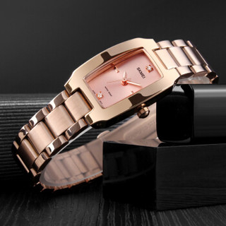 时刻美（skmei）手表女士时尚镶钻刻度学生石英表简约钢带腕表 1400玫金