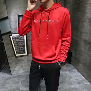 卡帝乐鳄鱼(CARTELO)卫衣套装男2019春季新款韩版时尚连帽运动两件套长袖套头衫 红 3XL