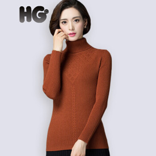 HG冬季新款高领毛衣女韩版修身加厚保暖提花纹打底衫百搭 焦糖 170/92A/XL