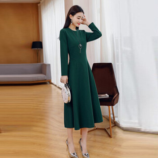米兰茵（MILANYIN）女装 2019年春季圆领长袖长裙拉链X型舒适修身纯色连衣裙 ML19052 绿色 M