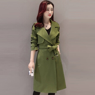 米兰茵（MILANYIN）女装 2019年春季时尚舒适简约个性修身中长款纯色长袖风衣 ML19188 军绿色 3XL