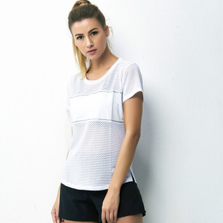 范迪慕 瑜伽服 女短袖健身上衣跑步运动T恤 显瘦网眼拼接速干 FDM20292-白色-单件短袖-M