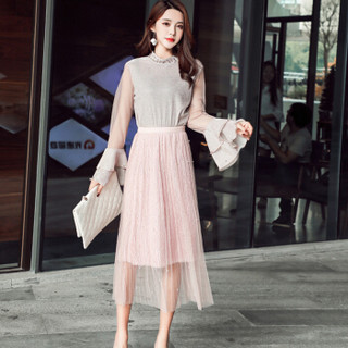 LAXJOY 朗悦 春季新款纯色半身长裙女韩版气质珍珠网纱裙仙女裙 LWQZ191201