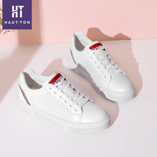 Haut Ton 皓顿 休闲小白鞋女平底潮流时尚系带运动板NXXB019 白色 36