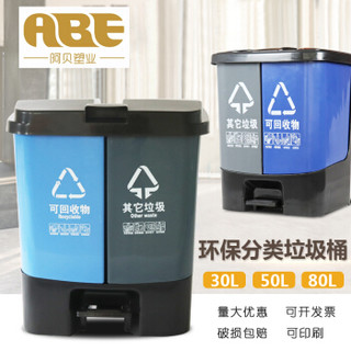 ABEPC 脚踏垃圾分类环卫垃圾桶 大号可回收双桶 室内 办公 家用厨余50升带盖 蓝加灰(可回收和其他)