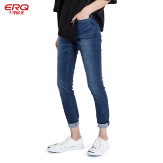 ERQ女士牛仔裤2019新款宽松直筒韩版休闲弹力修身牛仔长裤子 中蓝 25