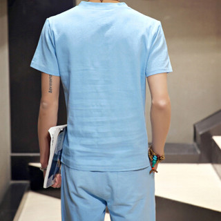 俞兆林（YUZHAOLIN）T恤套装 男士时尚潮流棉麻纯色V领短袖套装A082-A24天蓝色L