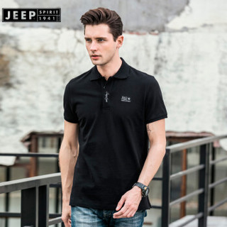 吉普JEEP短袖T恤男POLO衫男士2019夏装新品半袖翻领纯色棉男装FSMS1036黑色 L