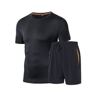 Fuguiniao 富贵鸟 男士夏季短袖速干套装排汗透气弹力跑步运动短裤健身运动套装 108 黑色 XL
