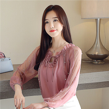 曼如芬 立领雪纺衫春季新款 时尚韩版长袖钉珠宽松百搭雪纺上衣 OREF385