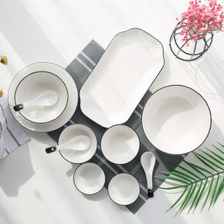 瓷时尚北欧简约餐具家用碗碟套装纯白描边陶瓷碗具36头餐具套装
