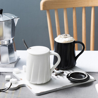 新居意 马克杯咖啡杯陶瓷杯子情侣水杯牛奶杯居家办公室茶杯早餐麦片杯  旋纹 白 带盖带勺