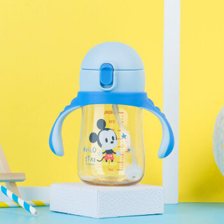 迪士尼（Disney）宝宝学饮杯吸管杯 婴儿1-3岁水杯子新生儿童奶瓶防漏手柄PPSU水壶 310ml蓝色米奇