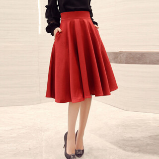 MILANYIN 米兰茵 春季新款圆领长袖纯色圆领上衣+褶皱半身裙两件套 ML19222 黑+红 L