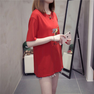 萱旎（XuanNi）大码短袖T恤女 2019新款 胖妹妹宽松显瘦韩版圆领上衣 ZLNF1024 红色 XL