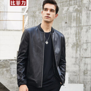 比菲力(BEVERRY)2018新款皮衣男修身韩版帅气青年飞行皮夹克海宁绵羊皮棒球领潮 ZYPY005 黑色夹棉款 XL