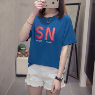 萱旎(XuanNi)ulzzang短袖T恤女2019春夏新品 胖mm200斤宽松显瘦短袖打底衫上衣 MDFS9108 宝蓝 L