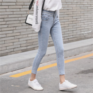 曼如芬 毛边牛仔裤女2019新款 韩版修身显瘦小脚牛仔裤高腰弹力铅笔裤九分裤女 BIGB291 浅蓝 XL