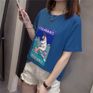 萱旎(XuanNi)大码短袖T恤女2019春夏新品 韩版胖妹妹ins原宿BF风宽松百搭上衣潮 MDFS9109 蓝色 XL