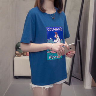 萱旎(XuanNi)大码短袖T恤女2019春夏新品 韩版胖妹妹ins原宿BF风宽松百搭上衣潮 MDFS9109 蓝色 XL