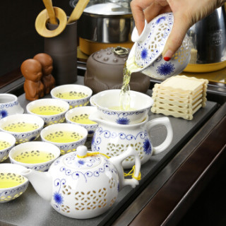 尚帝(shangdi)家用整套茶具实木茶盘陶瓷茶具青花功夫茶具套装茶壶带电热炉四合一 祥云吉祥镂空智能套装