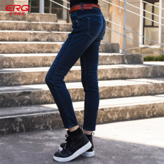 ERQ2018女士牛仔裤新品秋冬保暖磨毛中腰窄脚弹力休闲潮流小脚裤 蓝色 30