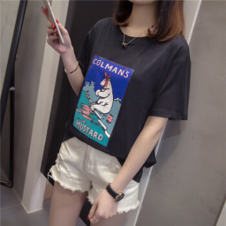 萱旎(XuanNi)大码短袖T恤女2019春夏新品 韩版胖妹妹ins原宿BF风宽松百搭上衣潮 MDFS9109 黑色 L