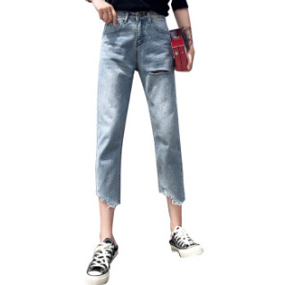 丽乔 2019春季新款牛仔裤女怪味少女破洞不规则毛边八分九分选复古哈伦裤女潮 cchLN858-859 858蓝色8分裤 30