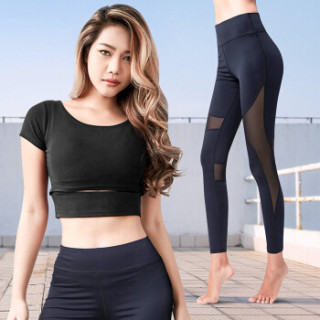 范迪慕 瑜伽服套装女两件套长袖透气速干跑步健身服运动套装 黑色-短袖+九分裤两件套-XL