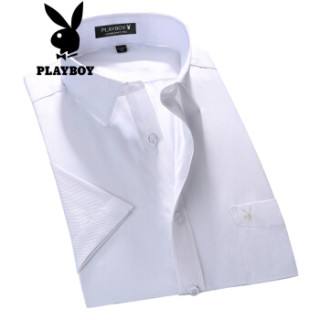花花公子 PLAYBOY 衬衫男2019新款商务休闲修身纯色抗皱短袖衬衫 69620035 黑色(短袖) 39/L