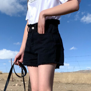 朗悦女装 2019夏季新款牛仔短裤女学生韩版A字型高腰阔腿短裤 LWKN193146 黑色 29